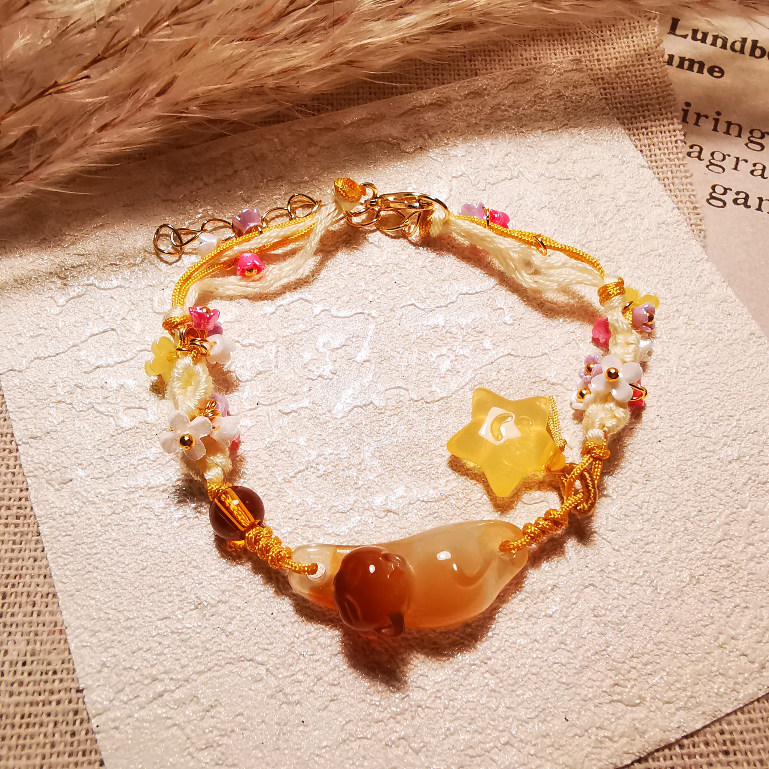 No.B1 - New Chinese Style 【Chasing Autumn · Osmanthus Cat on the Osmanthus Tree】Starry Woven Bracelet – Perfect for Street Photography & Everyday Styling