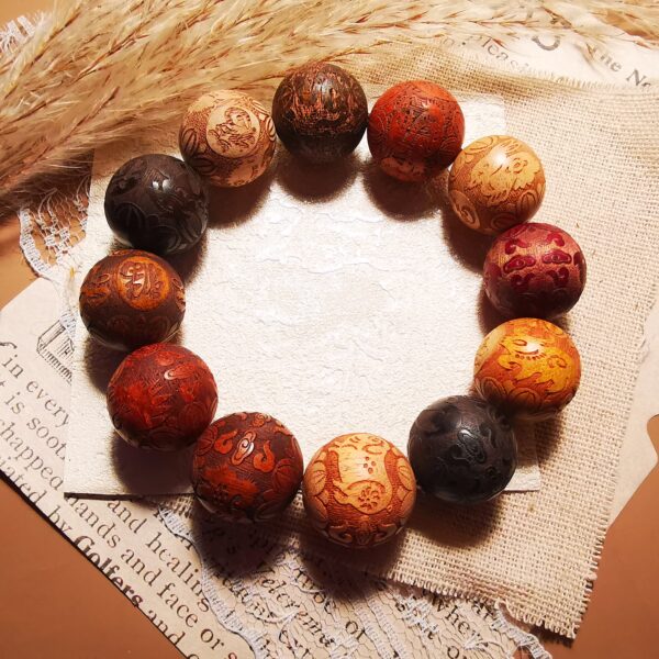 No.B2 - Sandalwood Carved Buddhist Beads 12 Zodiac Bracelet – Perfect for Street Photography & Everyday Styling