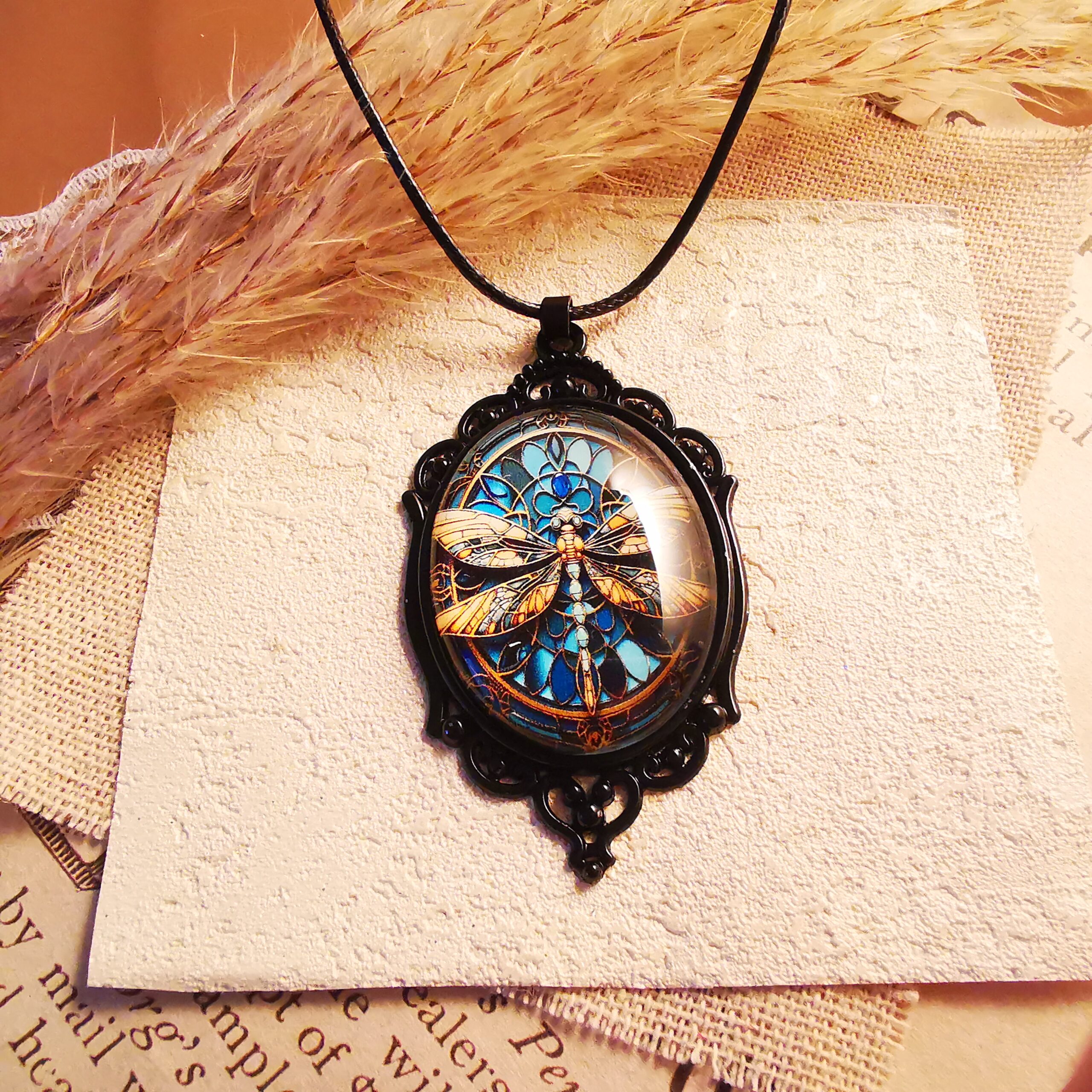 No.P1 - Gothic Dragonfly Black-framed Glass Pendant – Perfect for Street Photography & Everyday Styling